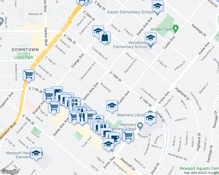map of restaurants, bars, coffee shops, grocery stores, and more near 340 Broadway in Costa Mesa