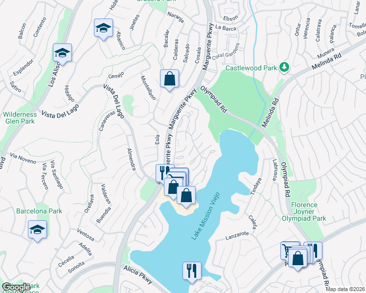 map of restaurants, bars, coffee shops, grocery stores, and more near 27802 Paguera in Mission Viejo