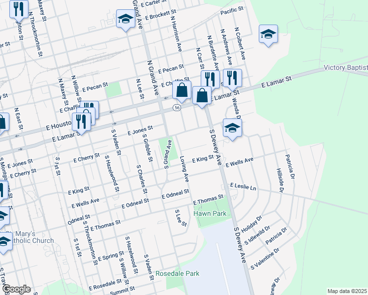 map of restaurants, bars, coffee shops, grocery stores, and more near 1505 East Magnolia Street in Sherman