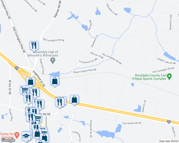 map of restaurants, bars, coffee shops, grocery stores, and more near 1452 Steam Engine Way Northeast in Conyers