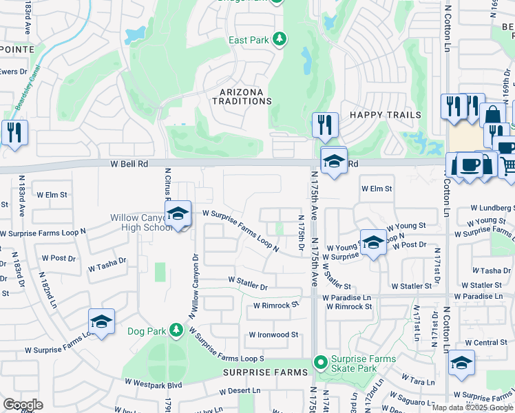map of restaurants, bars, coffee shops, grocery stores, and more near 16778 North 177th Avenue in Surprise