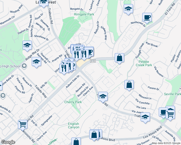 map of restaurants, bars, coffee shops, grocery stores, and more near 25885 Trabuco Road in Lake Forest