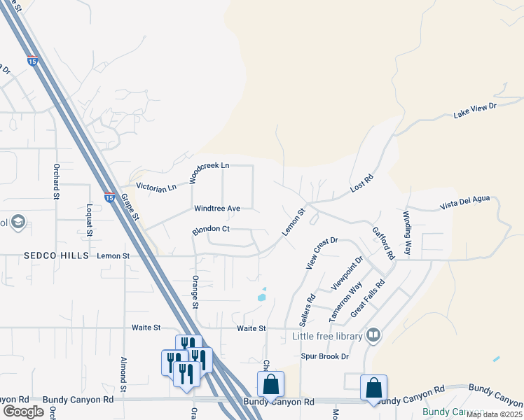 map of restaurants, bars, coffee shops, grocery stores, and more near 33350 Windtree Avenue in Wildomar