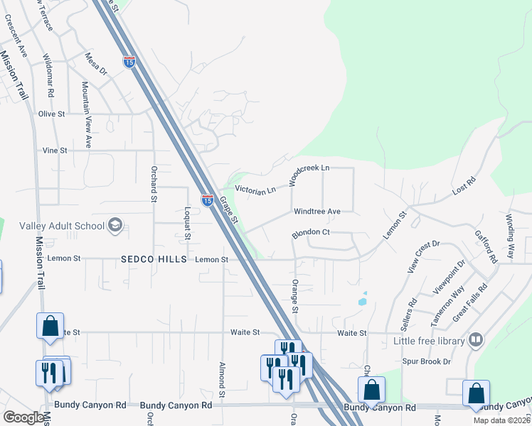 map of restaurants, bars, coffee shops, grocery stores, and more near 22850 Windtree Avenue in Wildomar