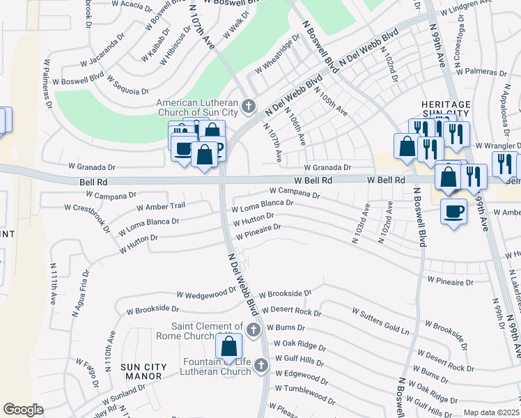 map of restaurants, bars, coffee shops, grocery stores, and more near 10557 West Hutton Drive in Sun City