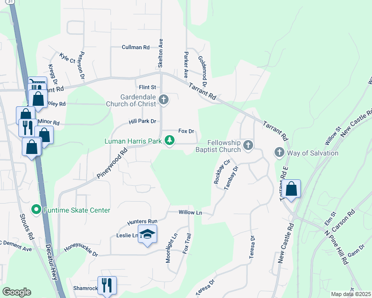 map of restaurants, bars, coffee shops, grocery stores, and more near 601 Park Street in Gardendale