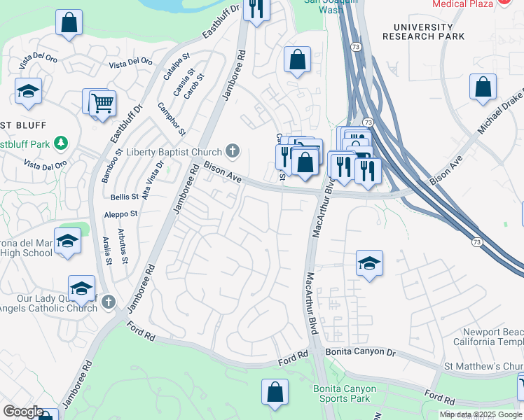 map of restaurants, bars, coffee shops, grocery stores, and more near 25 Hillsdale Drive in Newport Beach