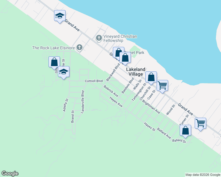 map of restaurants, bars, coffee shops, grocery stores, and more near 17632 Bobrick Avenue in Lake Elsinore