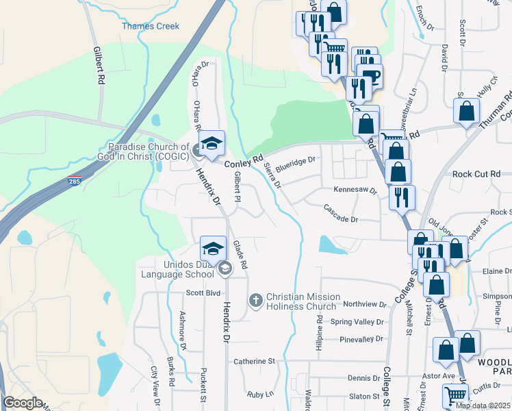 map of restaurants, bars, coffee shops, grocery stores, and more near 637 Brookside Place in Forest Park