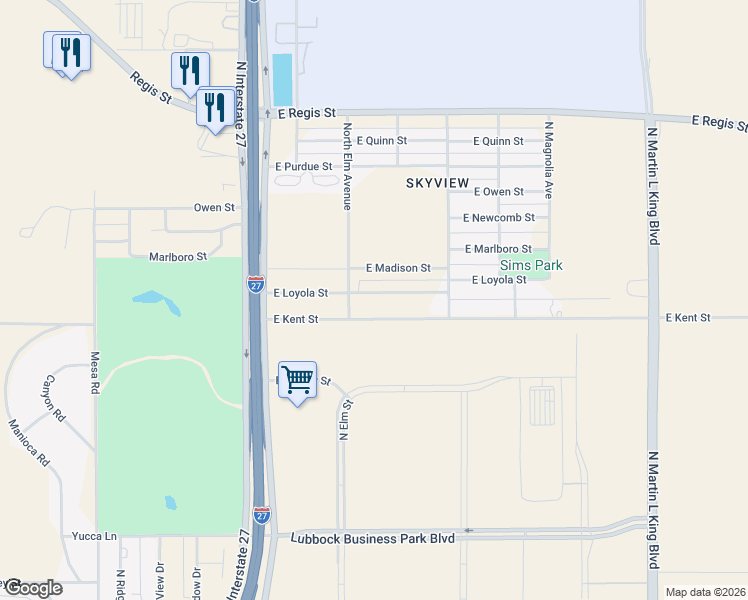 map of restaurants, bars, coffee shops, grocery stores, and more near 509 East Kent Street in Lubbock