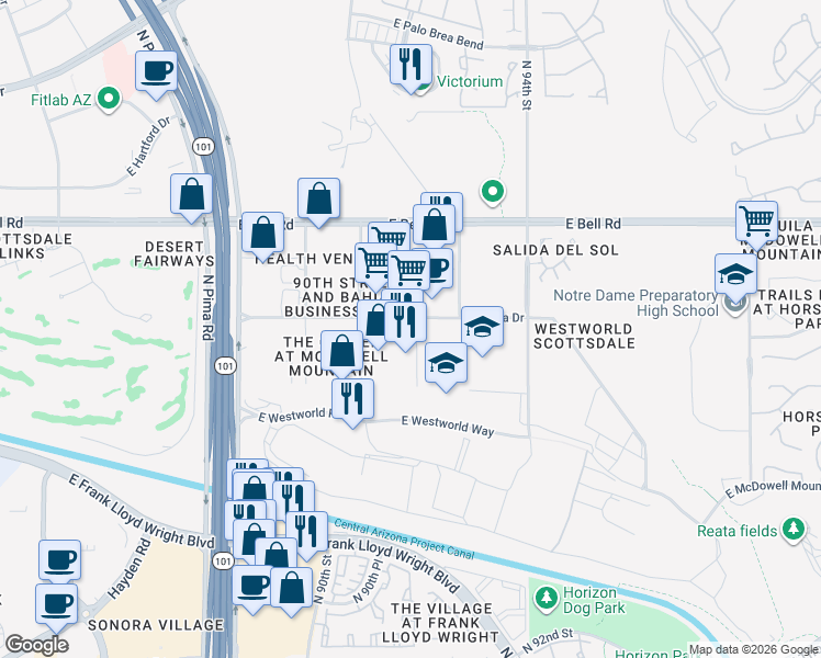 map of restaurants, bars, coffee shops, grocery stores, and more near 16580 North 92nd Street in Scottsdale