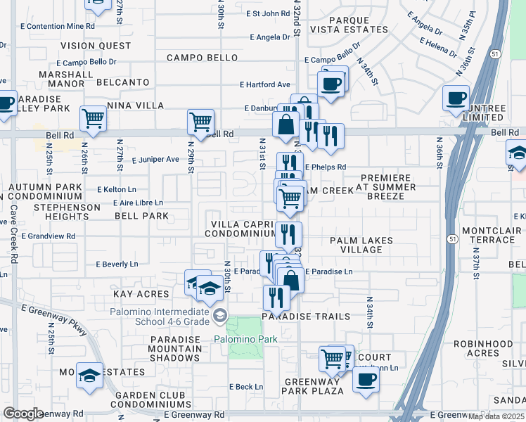 map of restaurants, bars, coffee shops, grocery stores, and more near 16404 North 31st Street in Phoenix