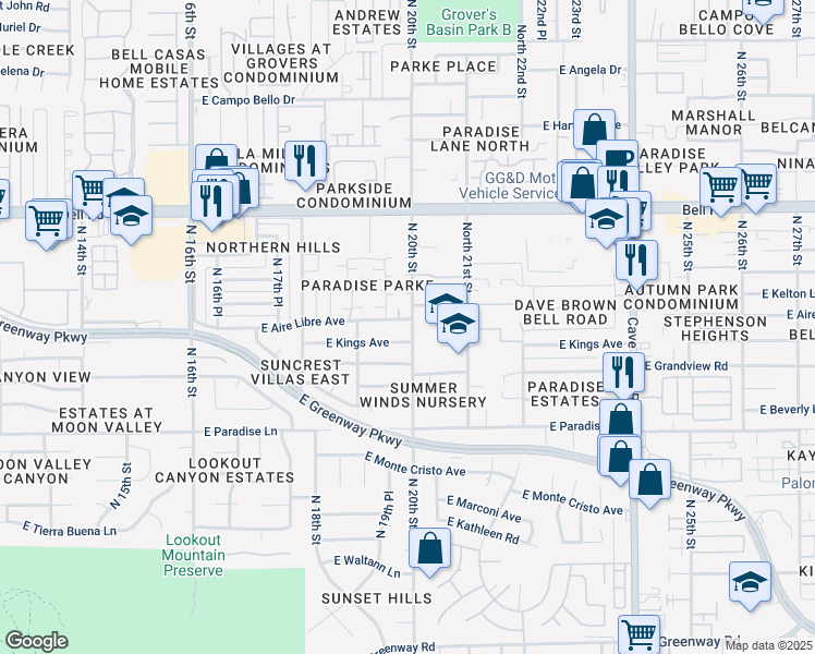 map of restaurants, bars, coffee shops, grocery stores, and more near 1951 East Kings Avenue in Phoenix