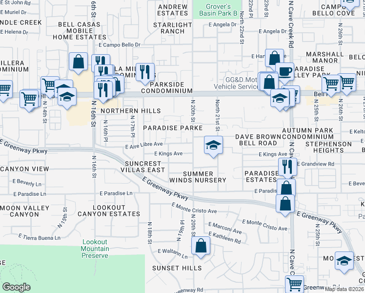 map of restaurants, bars, coffee shops, grocery stores, and more near 1915 East Kings Avenue in Phoenix