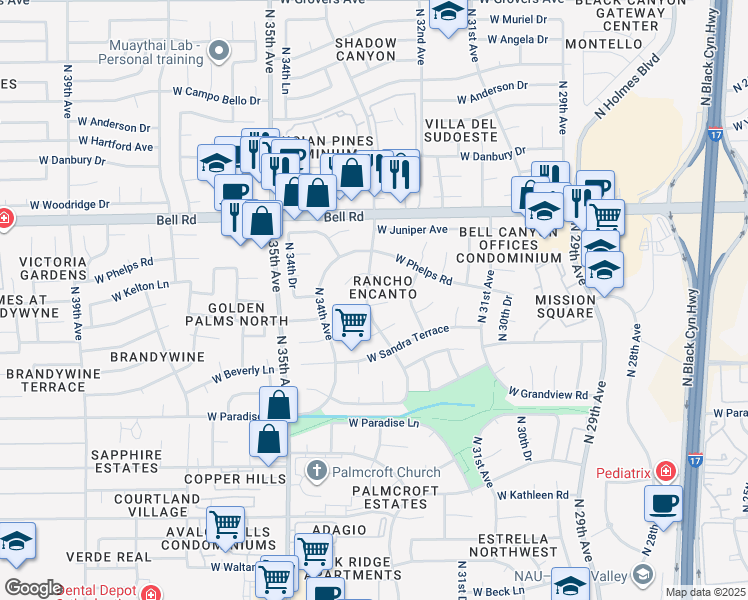 map of restaurants, bars, coffee shops, grocery stores, and more near 16601 North 33rd Drive in Phoenix