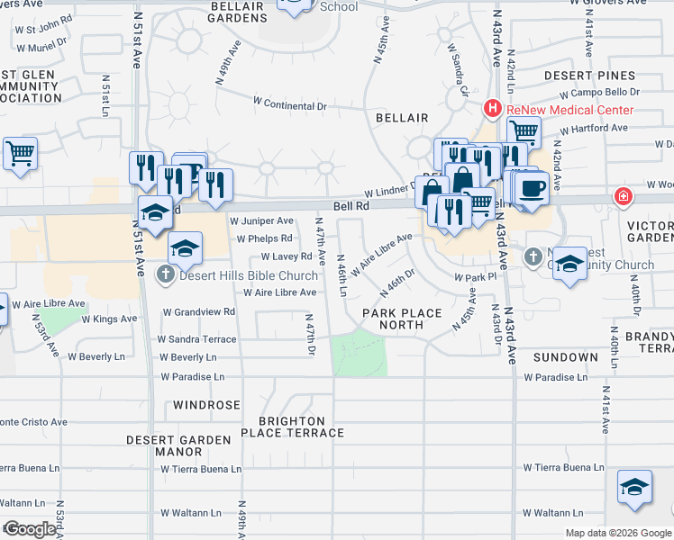 map of restaurants, bars, coffee shops, grocery stores, and more near 16450 North 46th Lane in Glendale