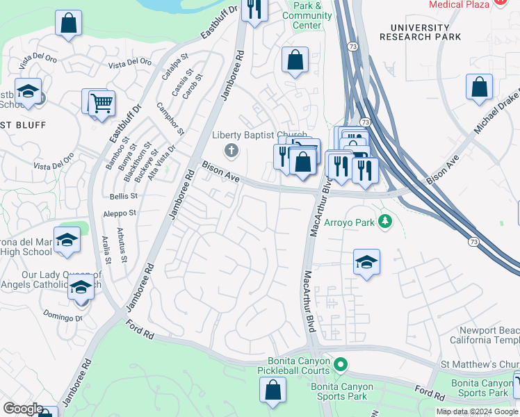map of restaurants, bars, coffee shops, grocery stores, and more near 14 Hillsdale Drive in Newport Beach