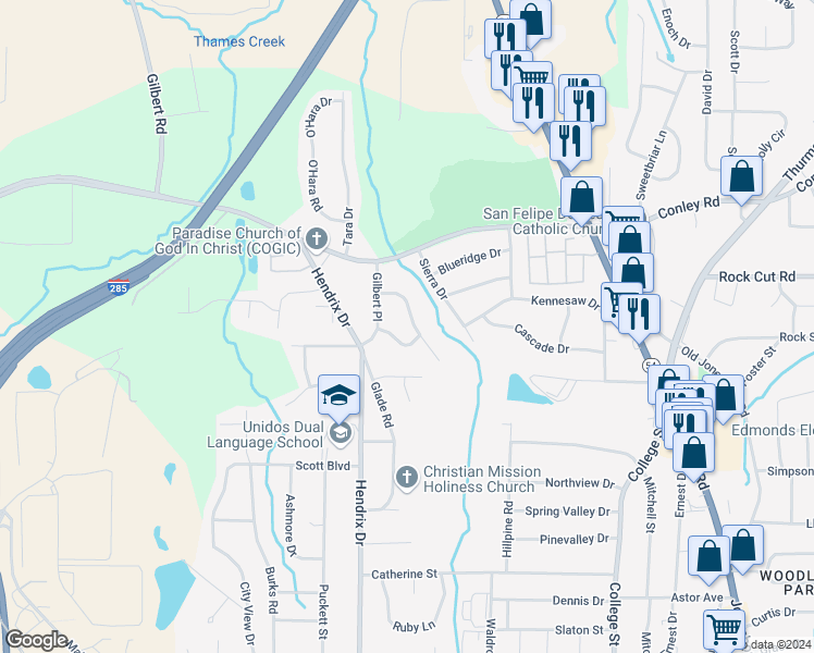 map of restaurants, bars, coffee shops, grocery stores, and more near 637 Brookside Place in Forest Park