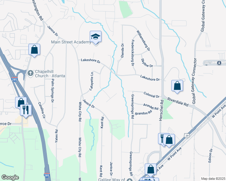 map of restaurants, bars, coffee shops, grocery stores, and more near 2751 Colonial Drive in College Park