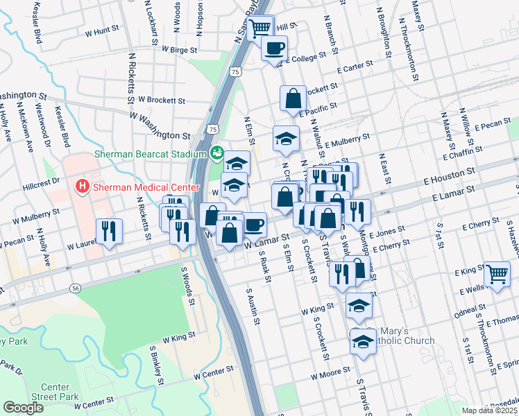 map of restaurants, bars, coffee shops, grocery stores, and more near 104 North Rusk Street in Sherman