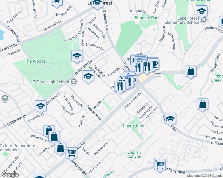 map of restaurants, bars, coffee shops, grocery stores, and more near 25350 Serrano Road in Lake Forest