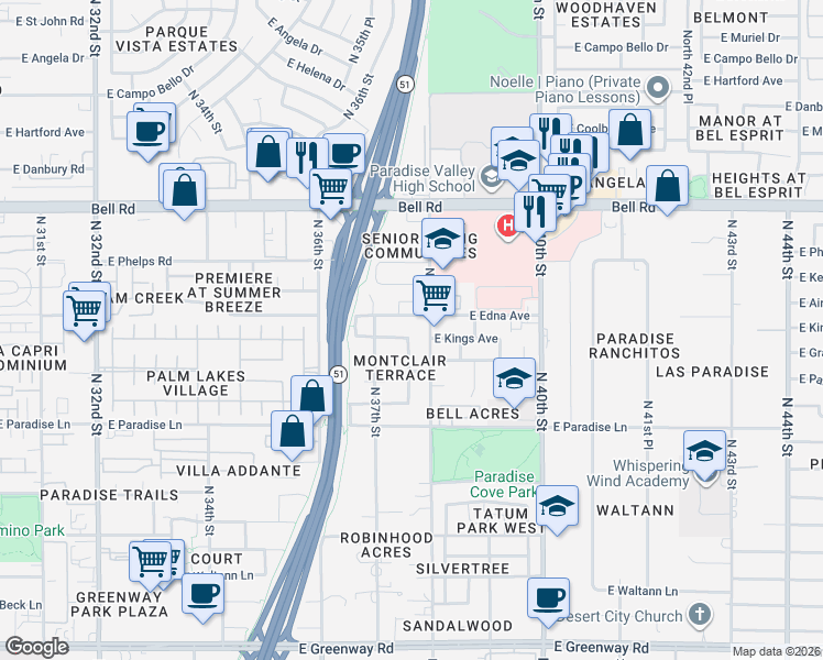 map of restaurants, bars, coffee shops, grocery stores, and more near 16424 North 38th Street in Phoenix