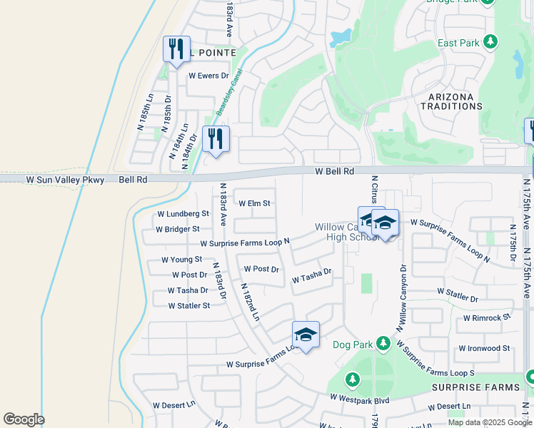 map of restaurants, bars, coffee shops, grocery stores, and more near 18123 West Lundberg Street in Surprise