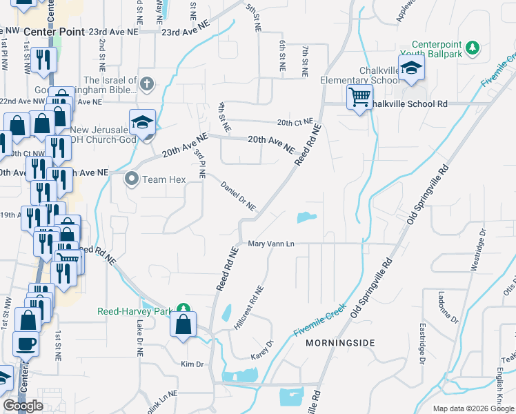 map of restaurants, bars, coffee shops, grocery stores, and more near 1832 Reed Road Northeast in Center Point