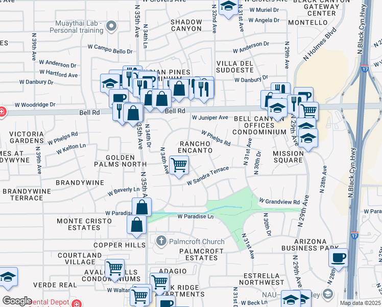 map of restaurants, bars, coffee shops, grocery stores, and more near 16601 North 33rd Drive in Phoenix