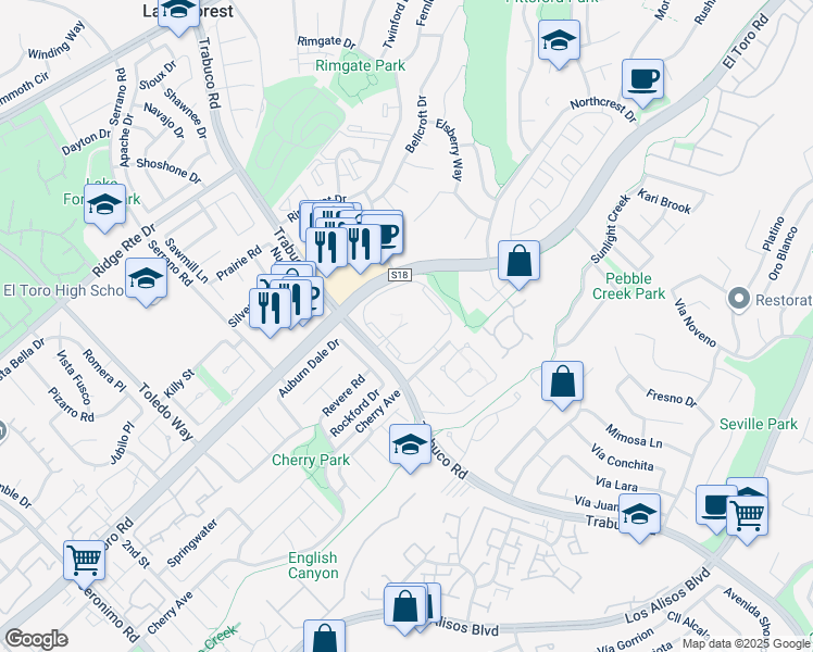 map of restaurants, bars, coffee shops, grocery stores, and more near 25885 Trabuco Road in Lake Forest