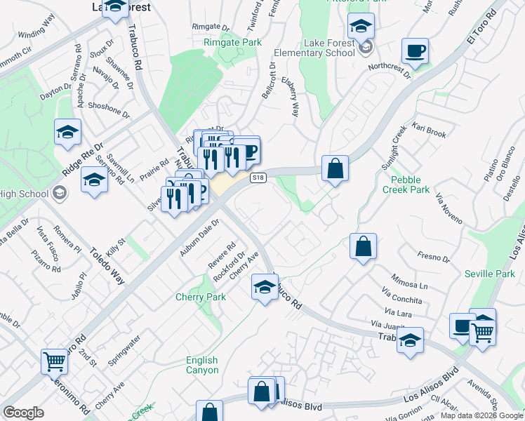 map of restaurants, bars, coffee shops, grocery stores, and more near 25885 Trabuco Road in Lake Forest