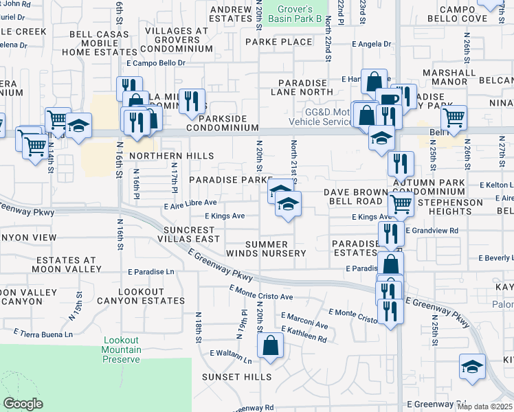 map of restaurants, bars, coffee shops, grocery stores, and more near 1951 East Kings Avenue in Phoenix