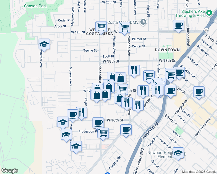 map of restaurants, bars, coffee shops, grocery stores, and more near 755 West 17th Street in Costa Mesa