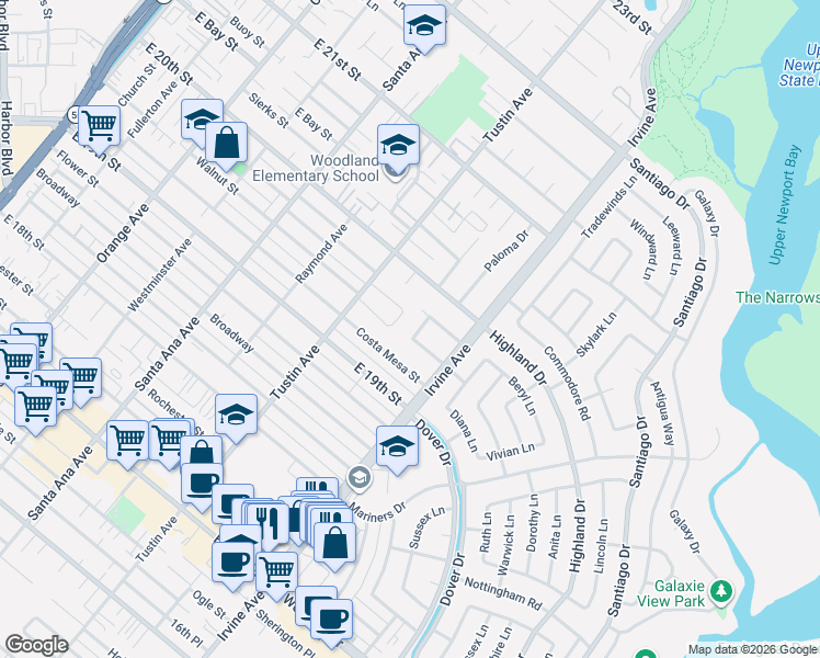 map of restaurants, bars, coffee shops, grocery stores, and more near 1955 Aliso Avenue in Costa Mesa