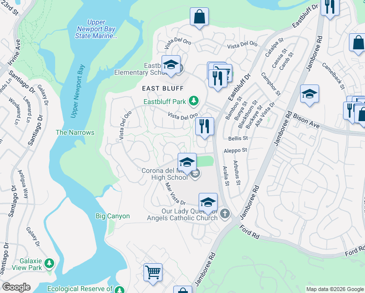 map of restaurants, bars, coffee shops, grocery stores, and more near 503 Avenida Lucia in Newport Beach