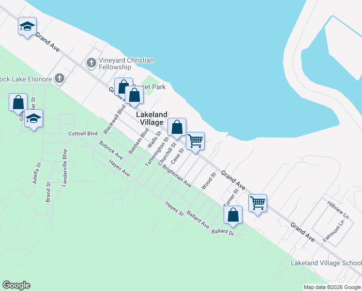 map of restaurants, bars, coffee shops, grocery stores, and more near 17797 Grand Avenue in Lake Elsinore