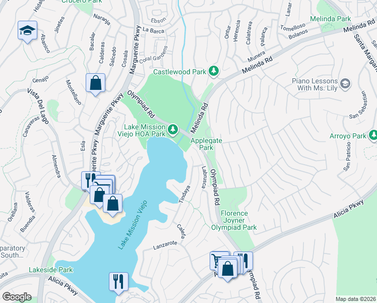 map of restaurants, bars, coffee shops, grocery stores, and more near 22421 Labrusca in Mission Viejo