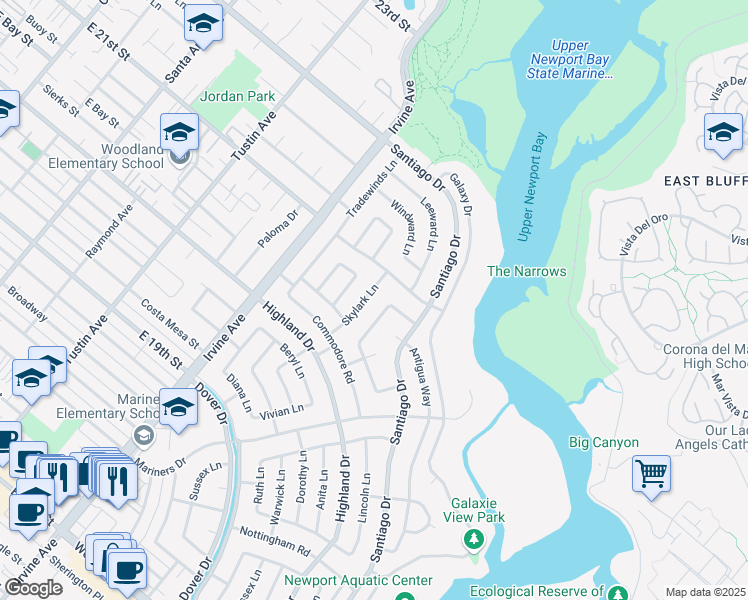 map of restaurants, bars, coffee shops, grocery stores, and more near 1732 Skylark Lane in Newport Beach