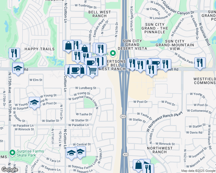 map of restaurants, bars, coffee shops, grocery stores, and more near 16834 West Lundberg Street in Surprise