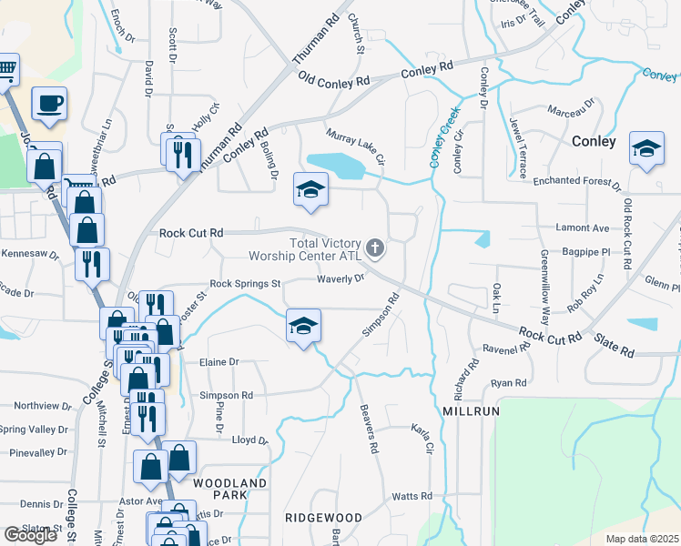 map of restaurants, bars, coffee shops, grocery stores, and more near 1280 Waverly Drive in Forest Park