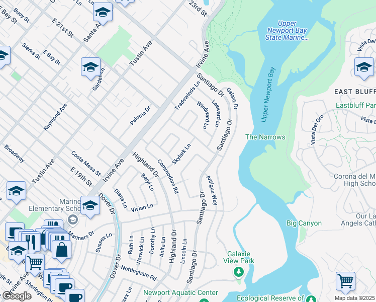map of restaurants, bars, coffee shops, grocery stores, and more near 1732 Skylark Lane in Newport Beach