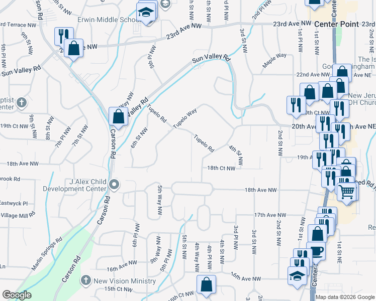 map of restaurants, bars, coffee shops, grocery stores, and more near 1816 5th Street Northwest in Center Point