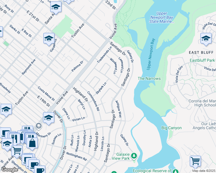 map of restaurants, bars, coffee shops, grocery stores, and more near 1751 Candlestick Lane in Newport Beach