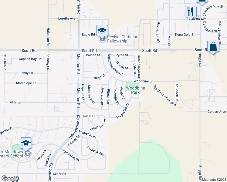 map of restaurants, bars, coffee shops, grocery stores, and more near 33345 Dolomite Street in Menifee