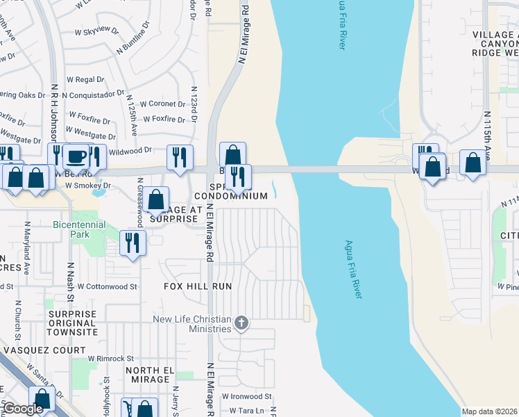 map of restaurants, bars, coffee shops, grocery stores, and more near Orchid Lane in Surprise