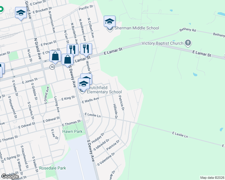 map of restaurants, bars, coffee shops, grocery stores, and more near 702 Patricia Drive in Sherman
