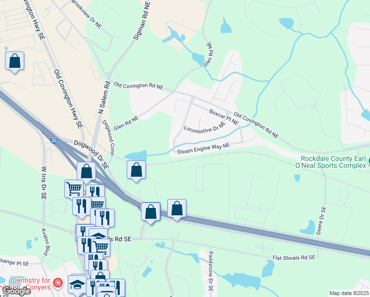 map of restaurants, bars, coffee shops, grocery stores, and more near 1437 Steam Engine Way Northeast in Conyers