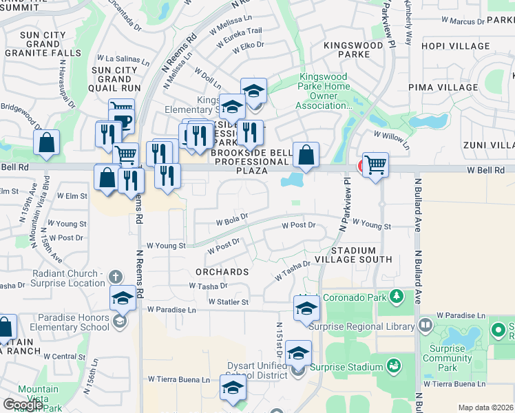 map of restaurants, bars, coffee shops, grocery stores, and more near 15144 West Bola Drive in Surprise