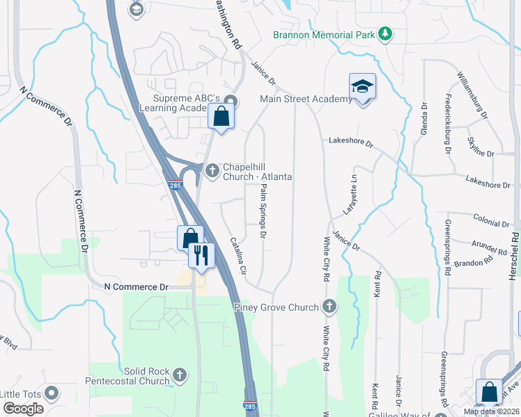 map of restaurants, bars, coffee shops, grocery stores, and more near 4398 Palm Springs Drive in East Point