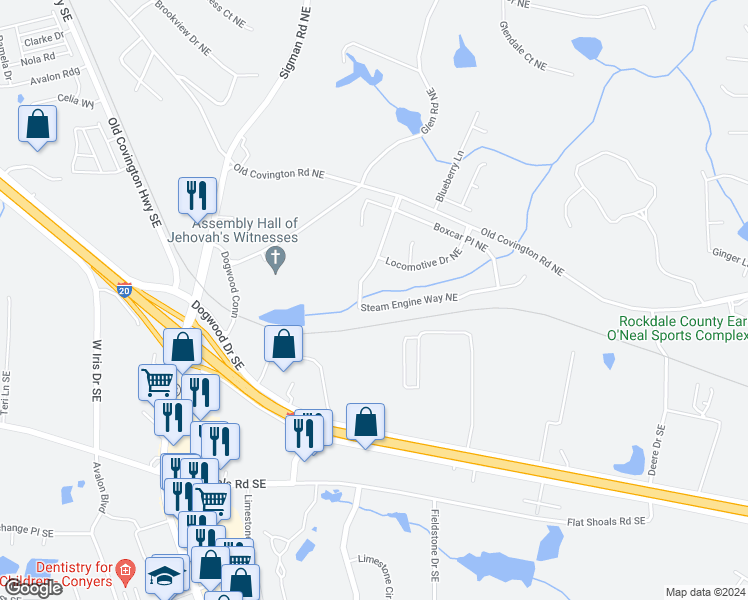 map of restaurants, bars, coffee shops, grocery stores, and more near 1435 Steam Engine Way Northeast in Conyers